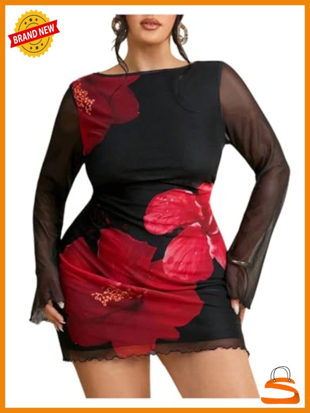 Plus Size Floral Bodycon Mini Dress Long Bell Sleeve Cocktail Party
